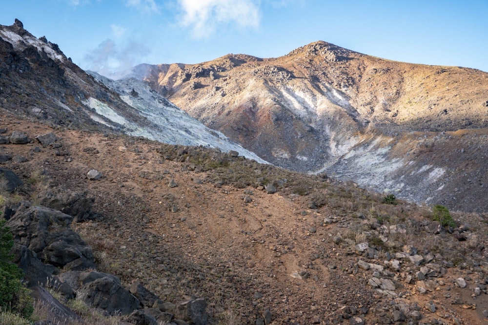 <p>長者原から入山して、ほどなくして硫黄山付近の火山地形に出迎えられる。</p>