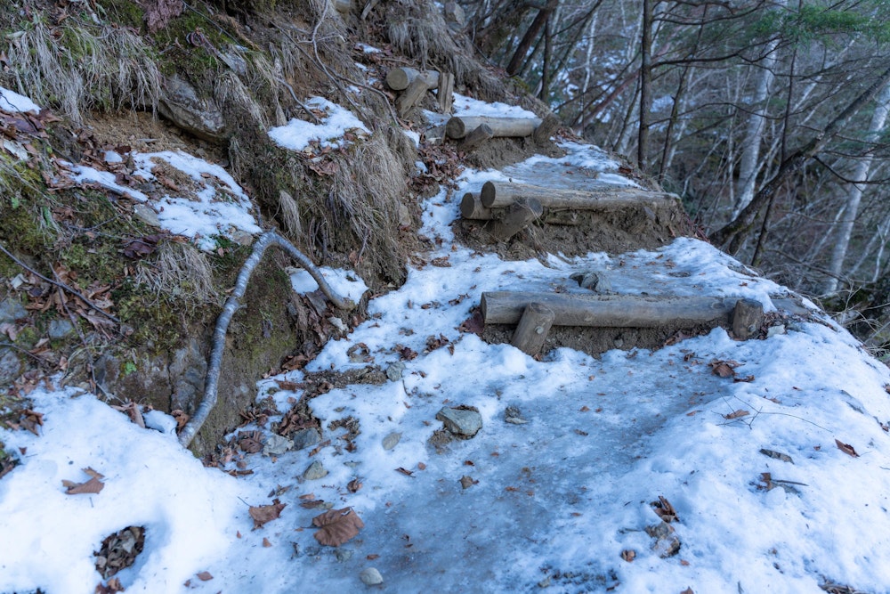<p>雪はほとんどないが、登山道は踏み固められた雪が凍りついていた。<br>さすがにチェーンスパイクや軽アイゼンがないと滑ってしまう。</p>