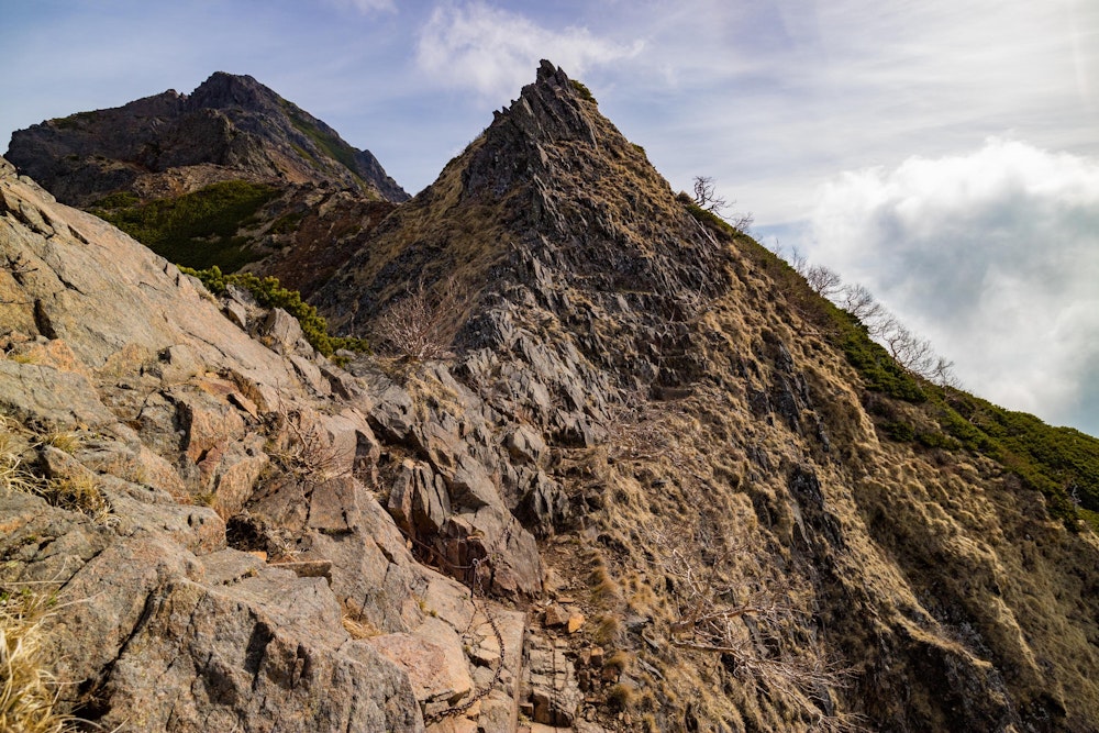 <p>なんちゃって槍。<br>左奥に頂上が見える。あと少しだ。</p>
