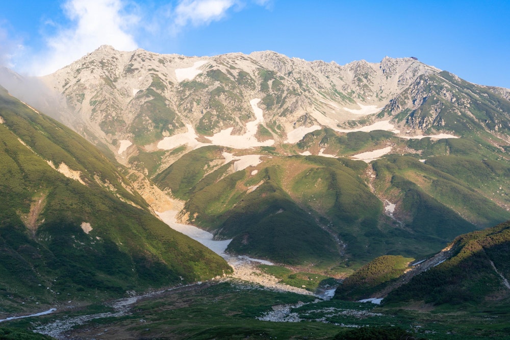 <p>立山本峰の稜線がくっきりと夕方の青空に浮かび上がる。</p>