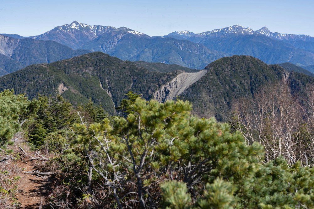 <p>北側の風景も抜群にいい。<br>手前の山が生木割山で、奥には塩見岳や仙丈ヶ岳、間ノ岳、農鳥岳、北岳と、南アルプス北部の主役級たちが連なる。</p>