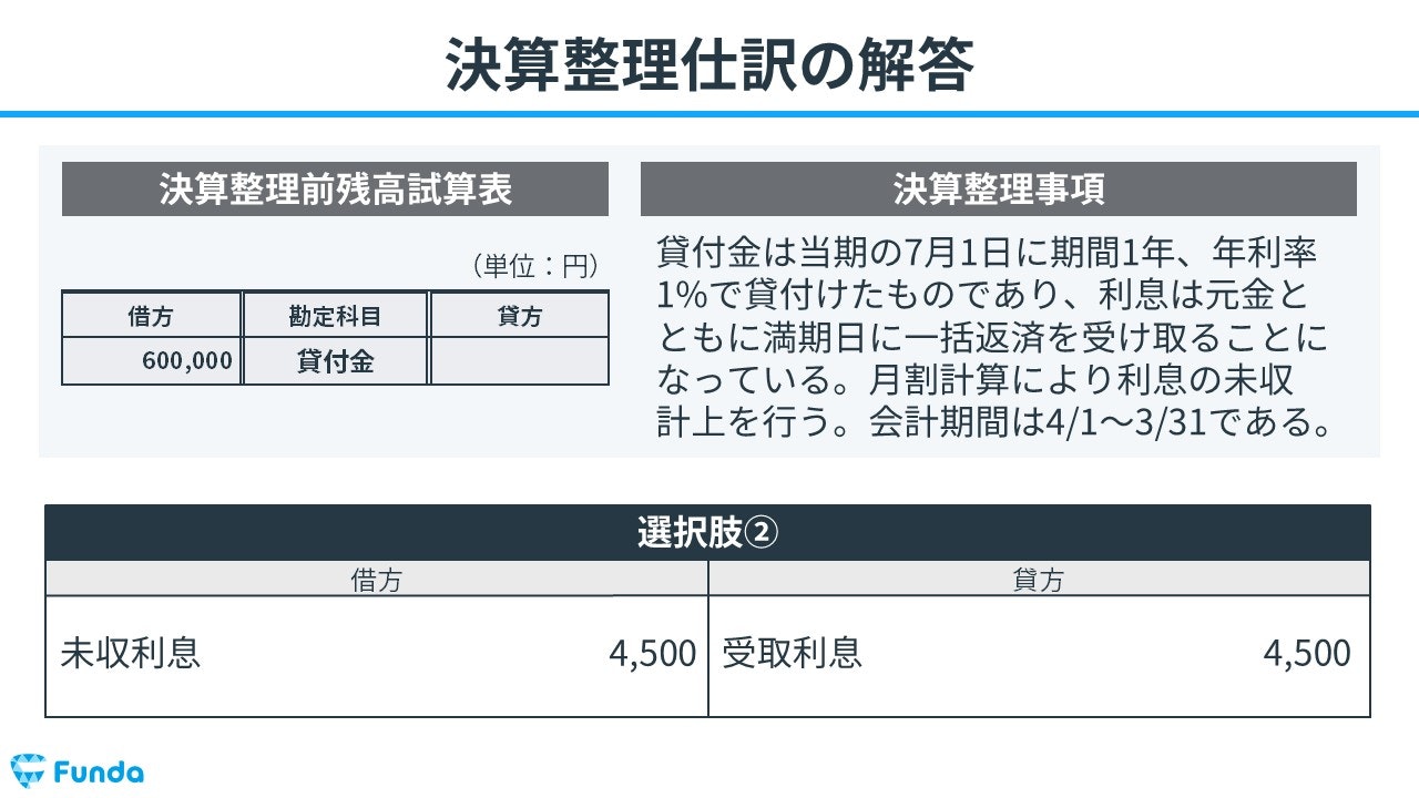 未収収益の決算整理仕訳の解答