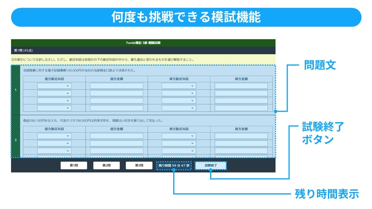何度も挑戦できる模試機能
