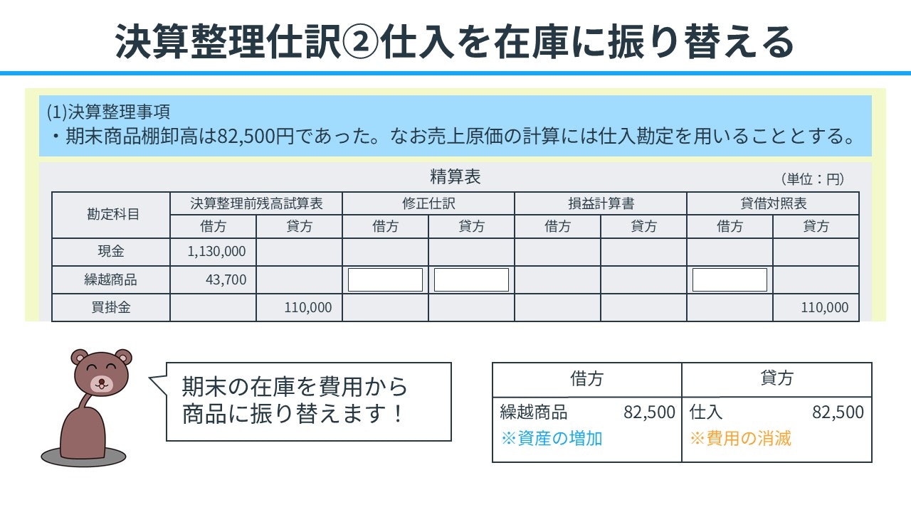 決算整理仕訳②仕入を在庫に振り替える