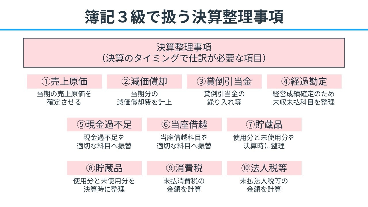 簿記3級で扱う決算整理仕訳