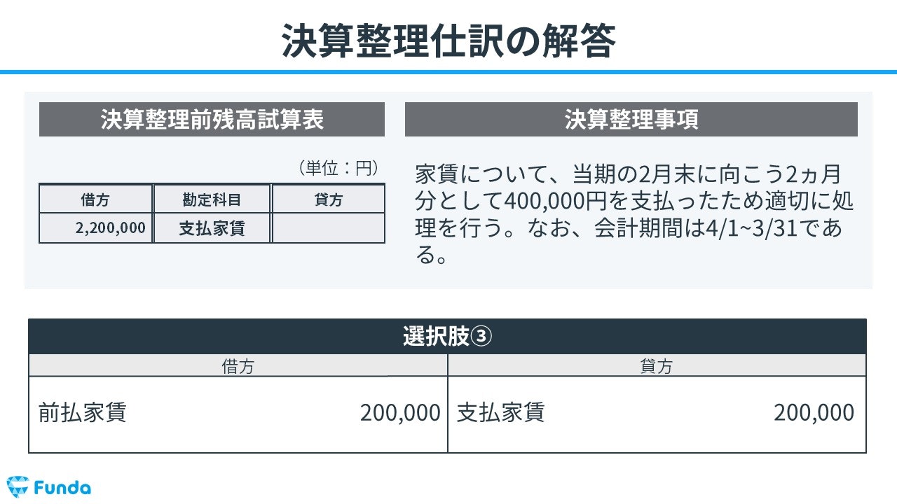 前払費用の決算整理仕訳の解答