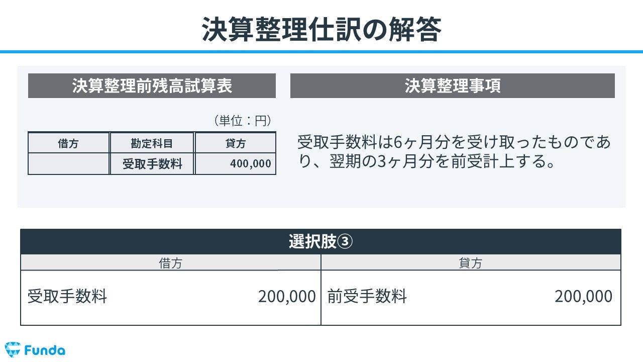 前受収益の決算整理仕訳の解答