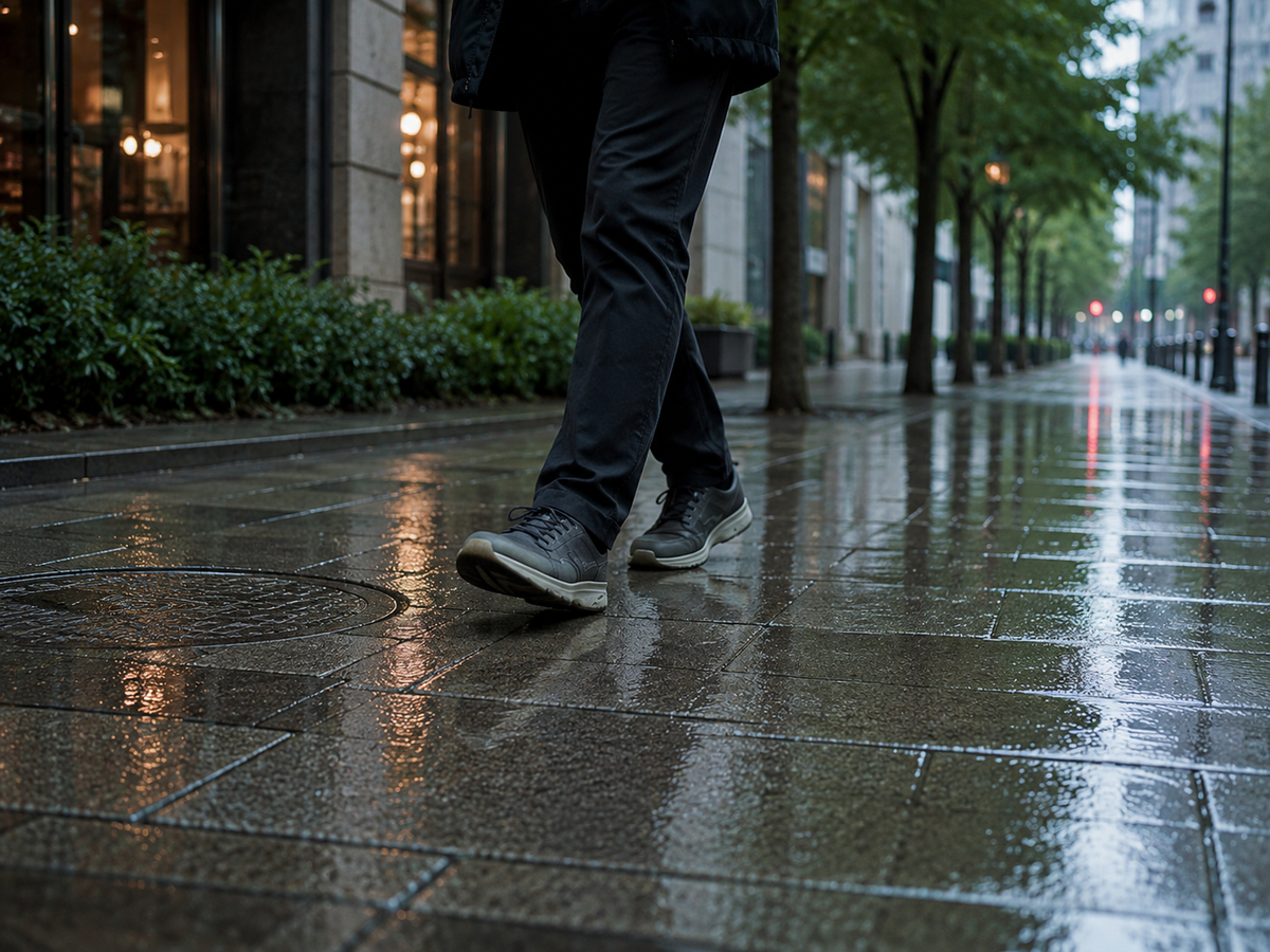 雨上がりの街の歩道を歩く、日常的な服装とスニーカーの足元