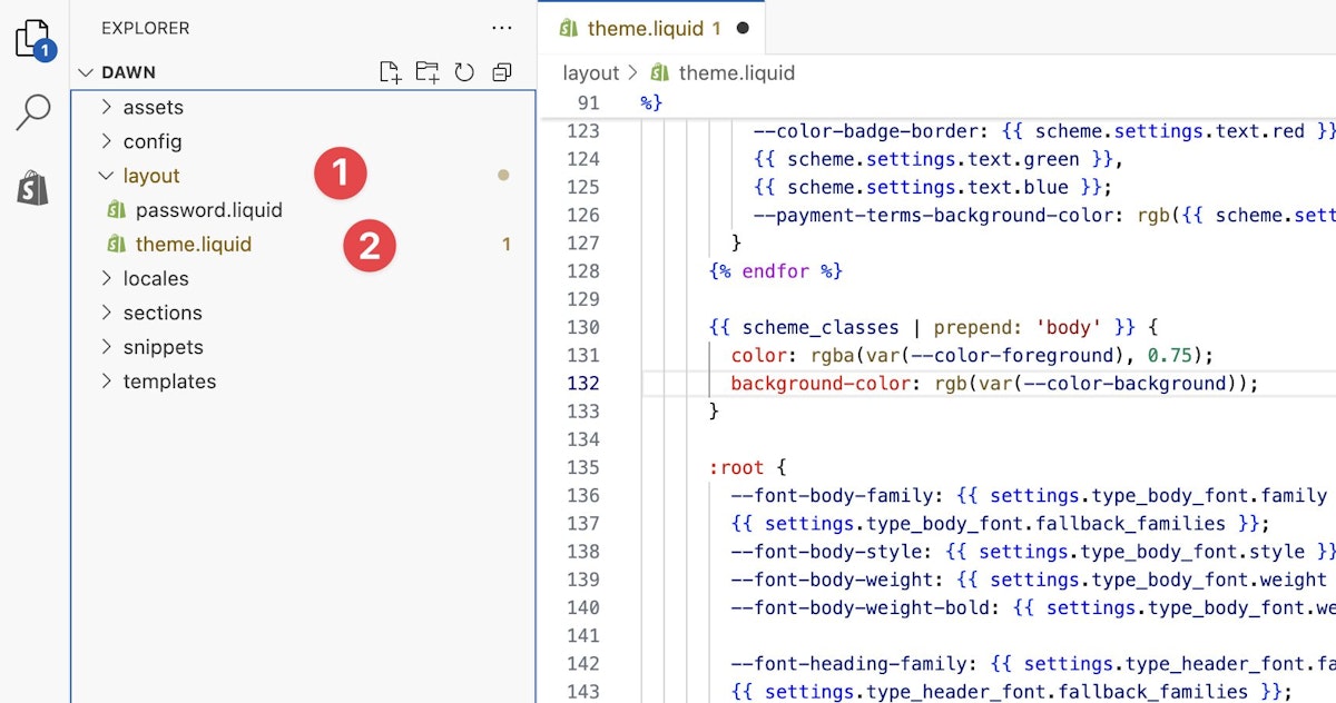 「theme.liquid」を選択する