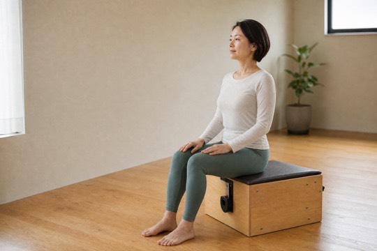 ボックスに腰かけ、肩の力を抜いて呼吸を確認する姿勢