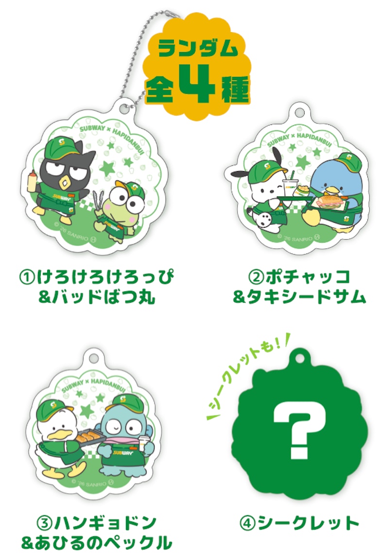 ランダム全4種。①けろけろけろっぴ＆バッドばつ丸②ポチャッコ＆タキシードサム③ハンギョドン＆あひるのペックル④シークレット
