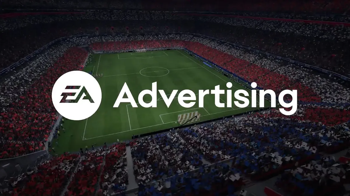 EA AdvertisingのロゴとEA SPORTS FCのスタジアム俯瞰ビジュアル