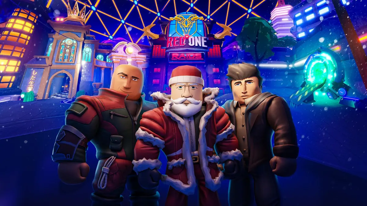 Roblox『Anime Defenders』内の映画『Red One』コラボ。RED ONE RAIDSの看板の前に並ぶ3体のキャラクター