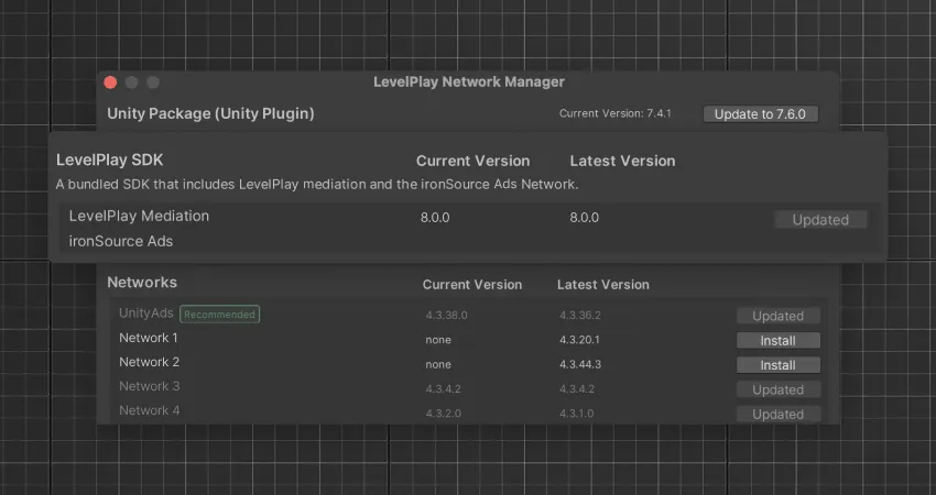 LevelPlay Network Managerの画面。LevelPlay SDKにLevelPlayメディエーションとironSource Adsがまとめて入っている