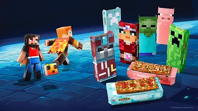 ドミノ・ピザとMinecraft Dungeons IIのコラボで登場した6種類のコレクタブルボックスとブロック形ピザ「Domino」