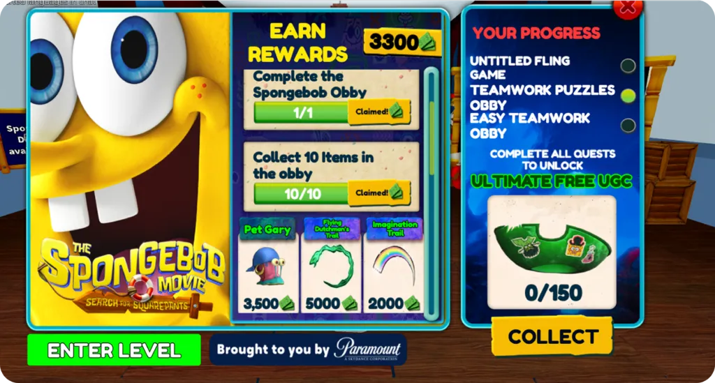 Robloxの『Teamwork Puzzles』内に設置された映画『スポンジ・ボブ』のクエスト画面。報酬アイテムと進捗が表示されている