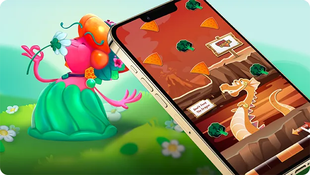スマートフォン画面に表示されるPlayables（インタラクティブ広告）のブランド化されたミニゲーム画面例