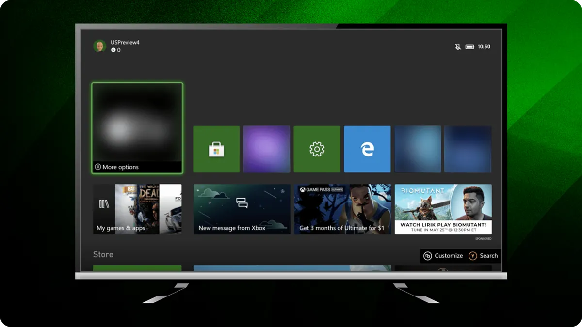 Xboxダッシュボード上に「SPONSORED」表記付きで表示されるBiomutantのタイル型広告表示例