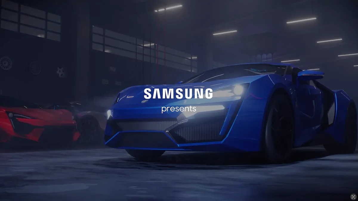Roblox『Driving Empire』内のSamsung Ultra Arcade Season 2。「SAMSUNG presents」の文字と青いスーパーカー