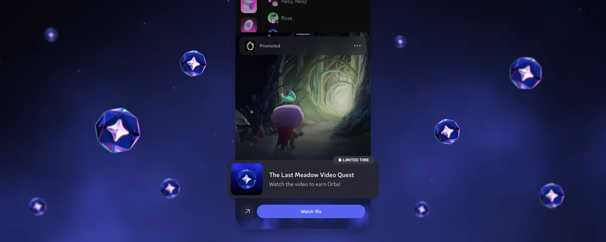 Discordの新しいVideo Questsの画面。スマートフォンに「Promoted」表示の動画と「Watch 15s」ボタンが出ており、15秒の視聴で報酬のOrbsがもらえる
