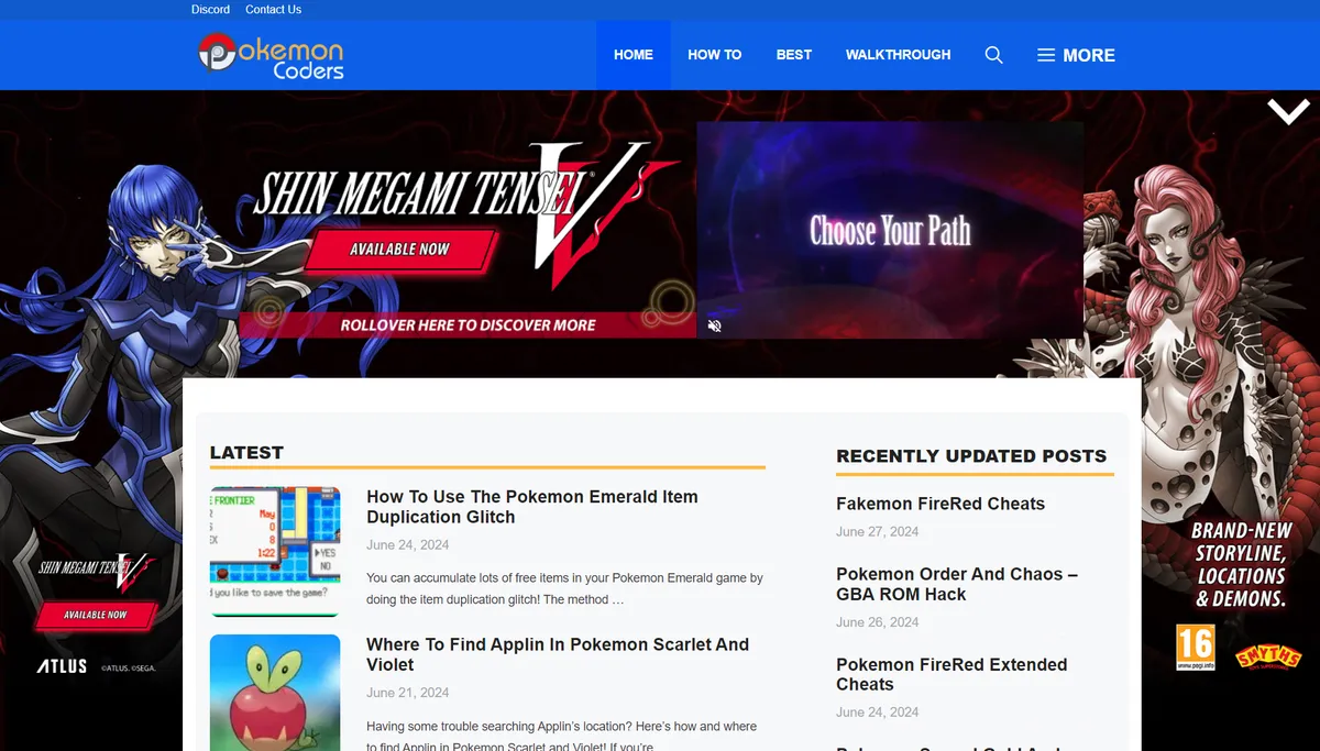 ゲーム攻略サイトPokemonCoders上でAtlus「真・女神転生V」のテイクオーバー広告が掲載されている様子
