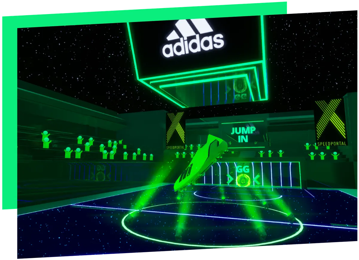 Fortnite内に作られたadidas X Speedportalのサッカースタジアム風の空間