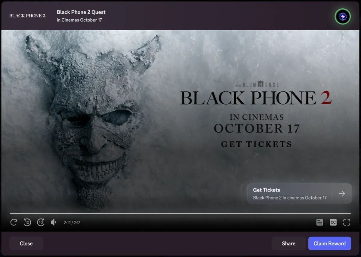 Discordで配信された映画『ブラック・フォン2』のVideo Quest画面。チケット購入ボタンと報酬受け取りボタンがある
