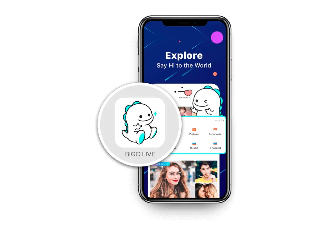 ビゴライブのアプリ画面とアイコンを載せたスマートフォンのイメージ