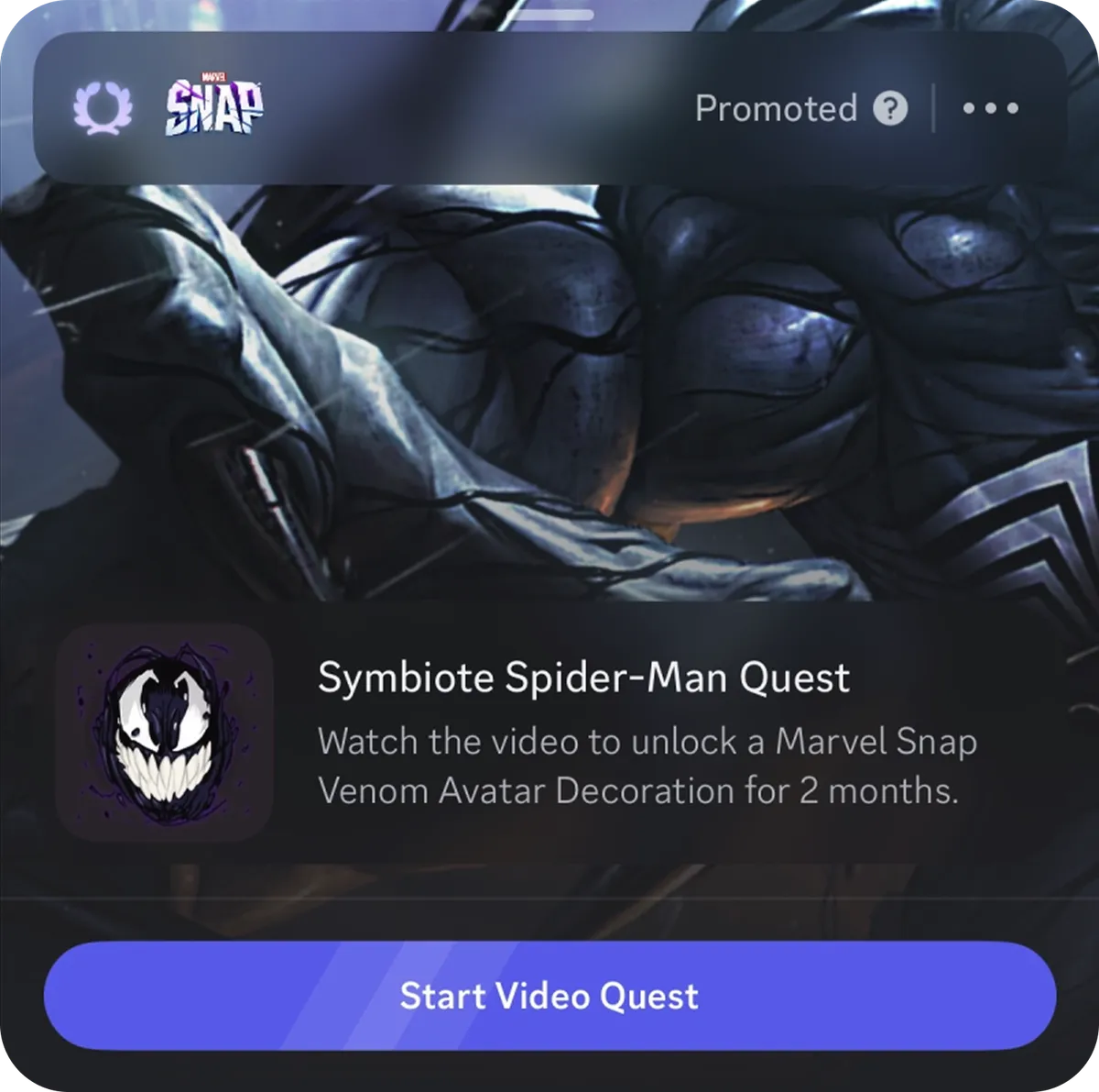 Marvel Snap『Symbiote Spider-Man Quest』のゲーム内広告表示スクリーンショット