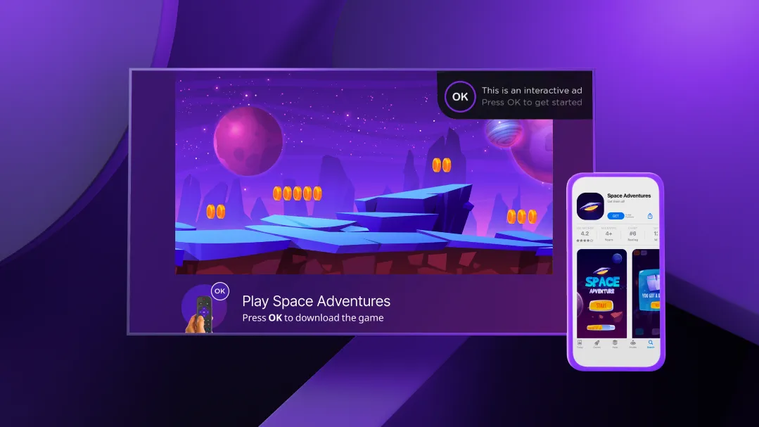 Unity CTVのインタラクティブ広告イメージ。テレビ画面のゲーム広告からリモコン操作でスマホのアプリストアへ誘導する