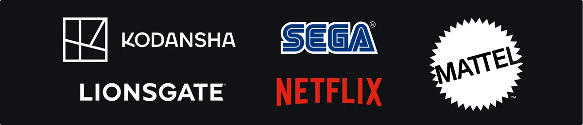 Robloxのライセンス制度の創設パートナー。講談社、セガ、マテル、ライオンズゲート、Netflixのロゴ