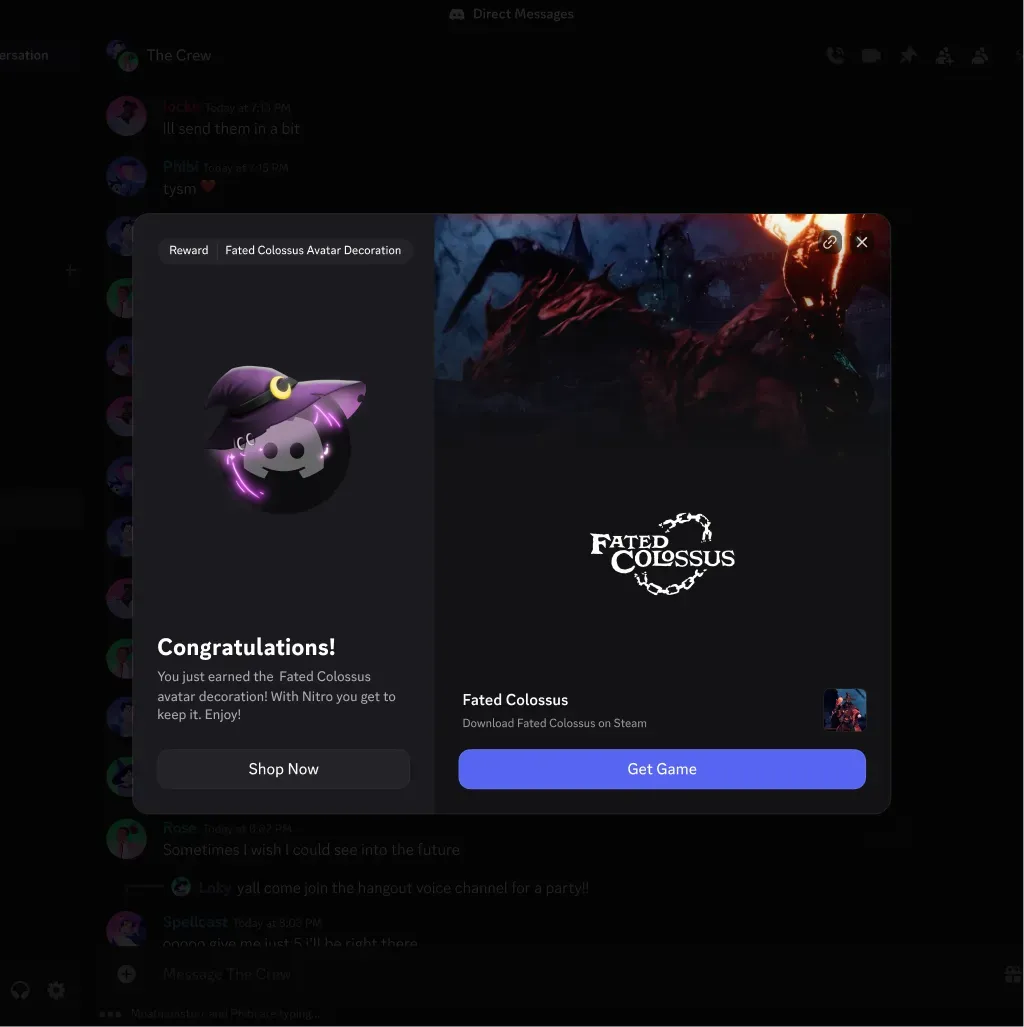 Discordで条件を満たすと表示される報酬獲得画面(アバターデコレーション)