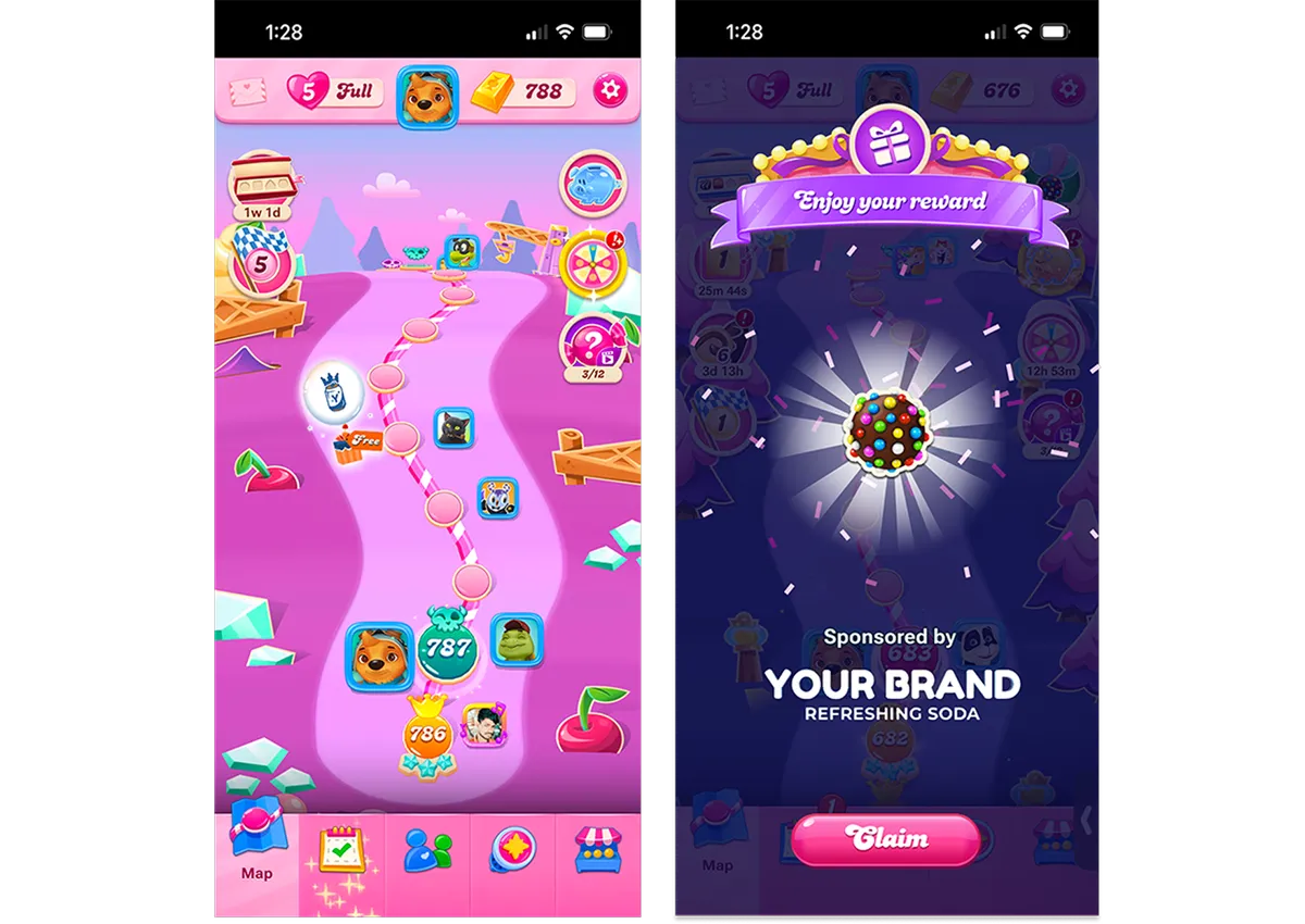 Candy Crush Saga内でRewarded Portalsが表示されるゲーム画面