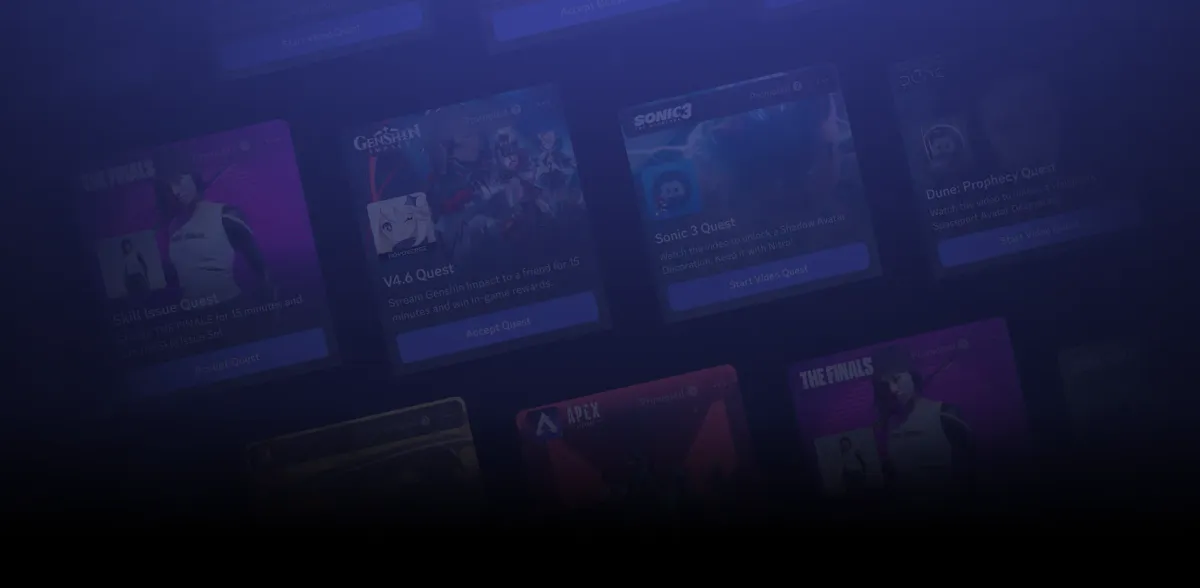Discord上でユーザーに表示されるQuestsカードの一覧。THE FINALS、Genshin Impact、Sonic 3、Dune: Prophecyなど複数タイトルのクエストが並ぶ