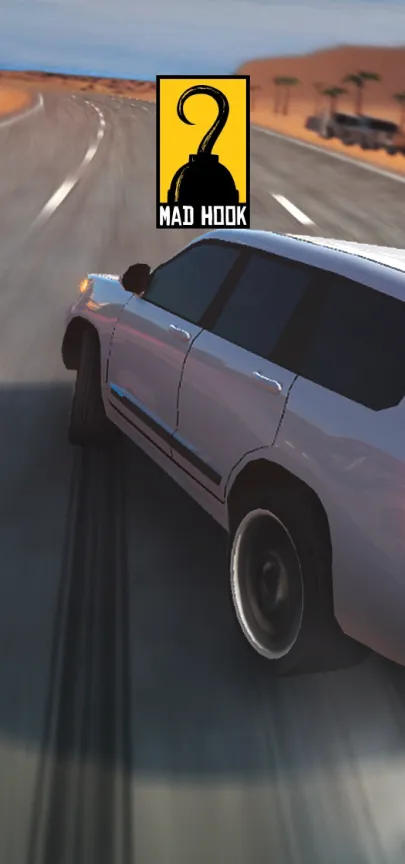 Mad Hookのレーシングゲーム『Highway Drifter』の画面とMad Hookロゴ