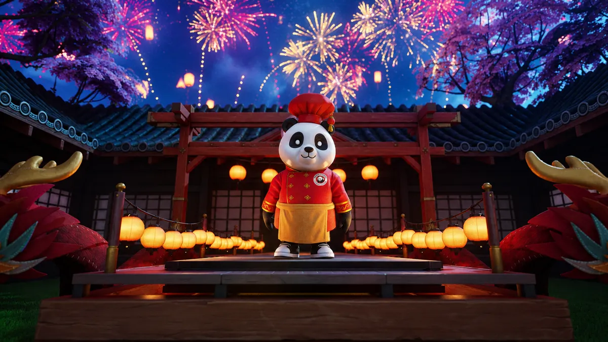 パンダエクスプレスのマスコット「Pei Pei」が提灯と花火に囲まれたゲーム内ステージに立つ、常設化したゲーム施策のビジュアル