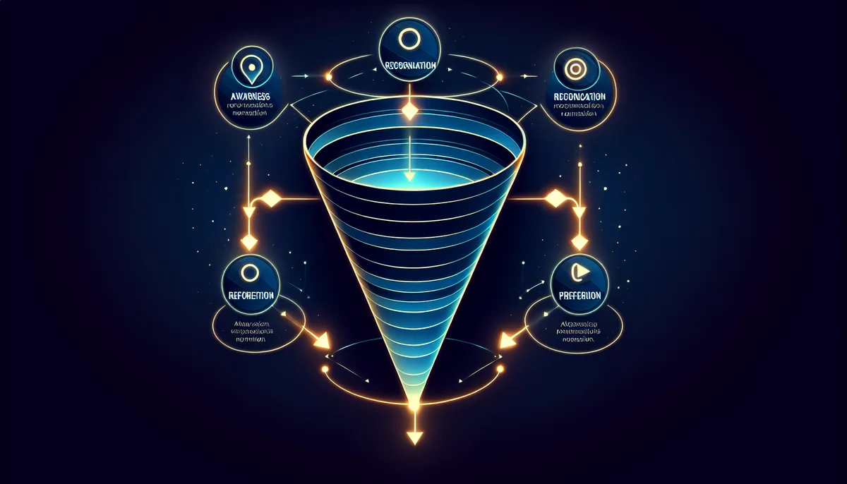 認知から想起・好感度形成・購買指名へと至るマーケティングファネルのイメージ図。第一想起獲得の4ステップを表す抽象的な図解。