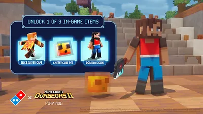 Minecraft Dungeons IIのゲーム内アイテム3種(Slice Slayerマント、Cheesy Cubeペット、ドミノ・ピザのスキン)