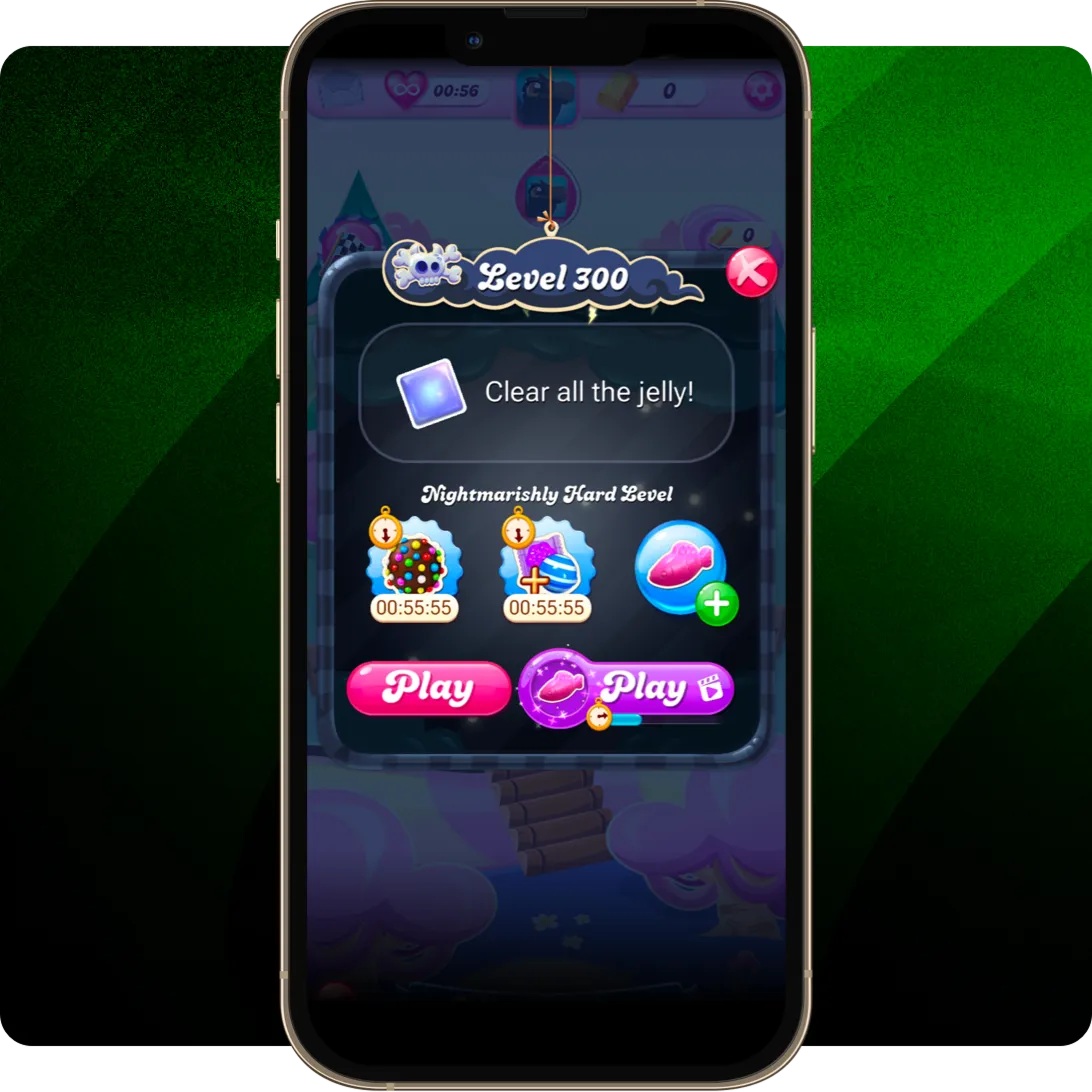 Candy Crush Saga内でリワード動画広告の視聴誘導（Playボタン）が表示されたスマートフォン画面