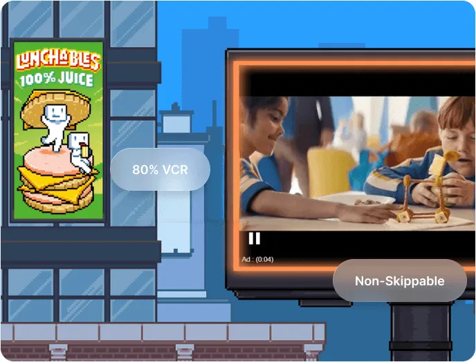ゲーム内の看板とスキップできない動画枠にLunchablesの広告が表示されている例