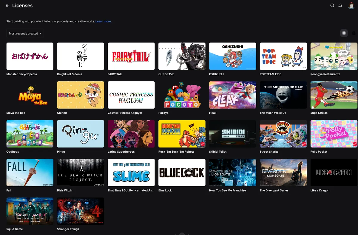 RobloxのLicensesカタログ画面。おばけずかん、シドニアの騎士、FAIRY TAIL、ポプテピピック、ブルーロックなど日本のIPが並ぶ
