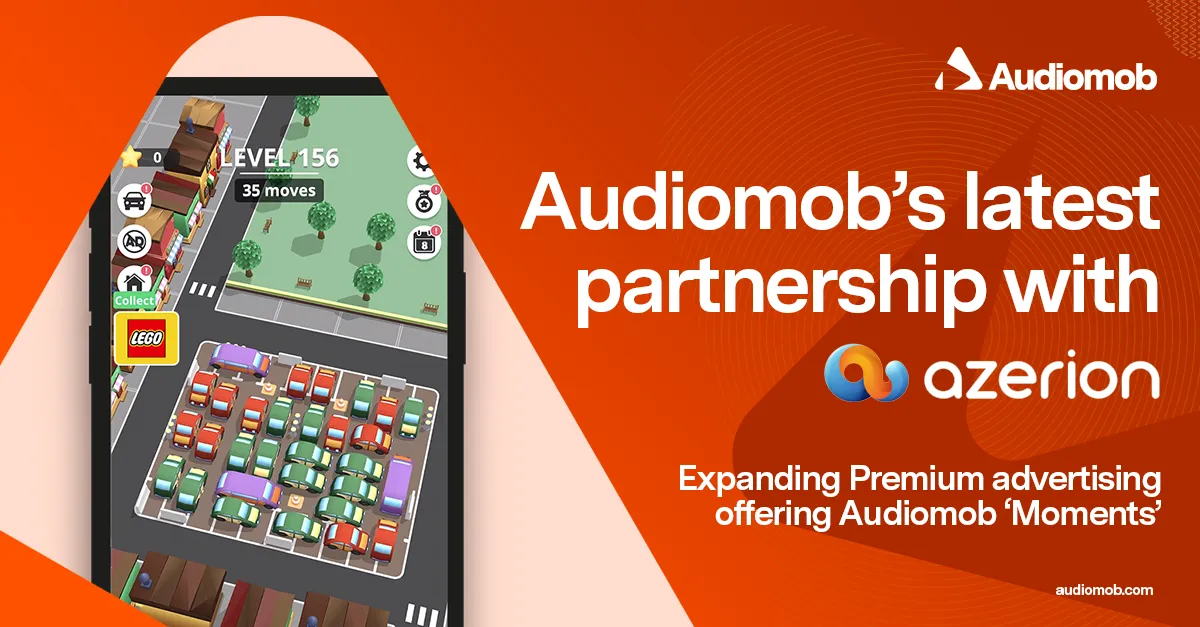AudiomobとAzerionの提携を告知する公式画像。パズルゲーム画面の横にLEGOのロゴが表示されている