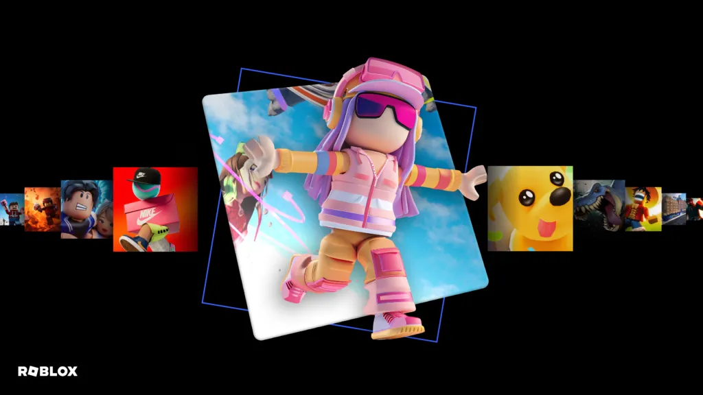 Robloxのアバターと各種ゲーム体験のサムネイルを並べたRobloxのブランドイメージ