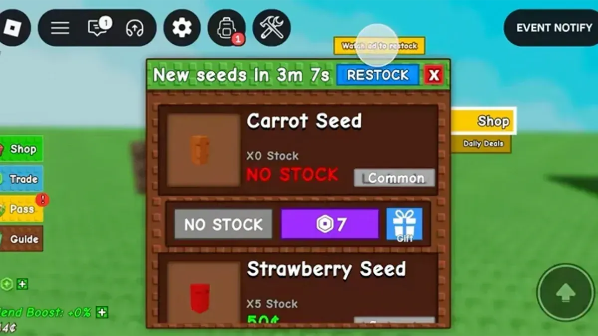 Roblox「Grow a Garden」内のリワード動画広告の画面