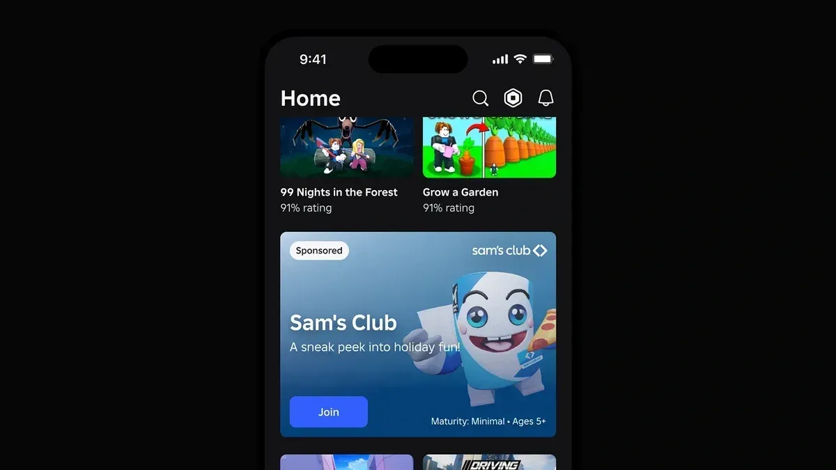 RobloxホームフィードのHomepage Feature広告(Sam's Clubのスポンサー投稿)のスクリーンショット