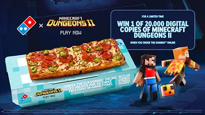 Minecraft Dungeons IIのデジタル版2万本プレゼントを告知するドミノ・ピザのキービジュアル