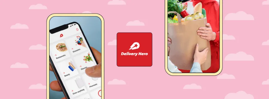 Delivery Hero(PedidosYa)の事例のメインビジュアル。アプリ画面と配達のイメージ