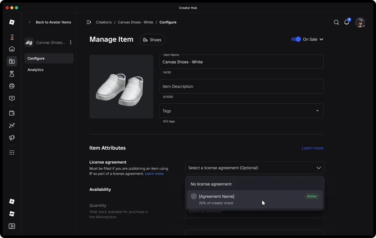 Creator Hubのアイテム設定画面。License agreementのプルダウンで「20% of creator share」のライセンスを選んでいる