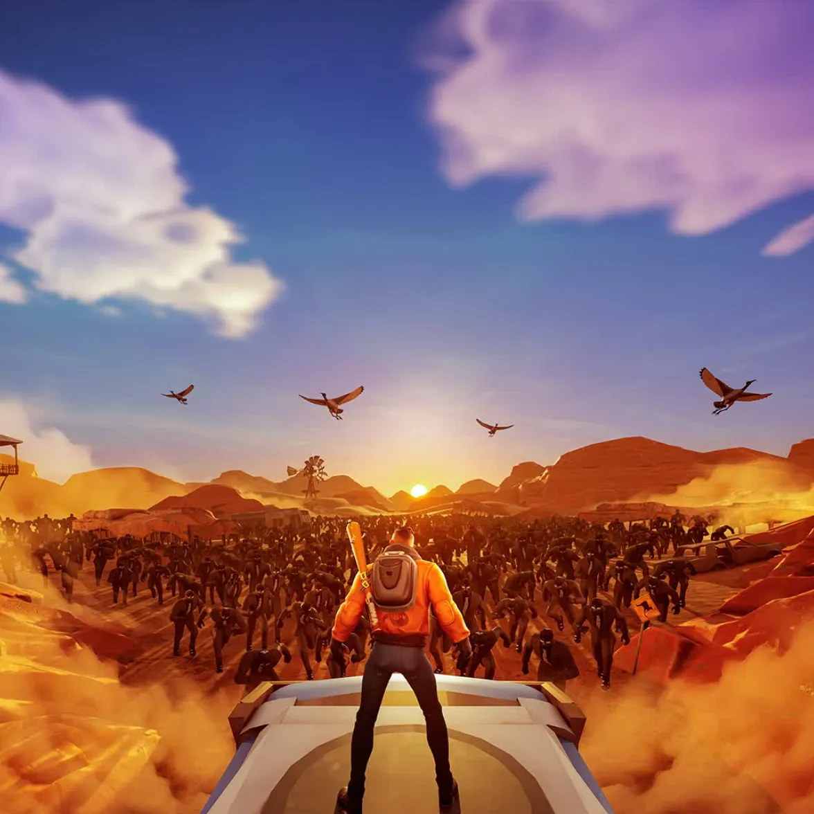 Samsung『Clash of Commuters』のFortnite内マップ。荒野でバスの上に立つプレイヤーと押し寄せる通勤客