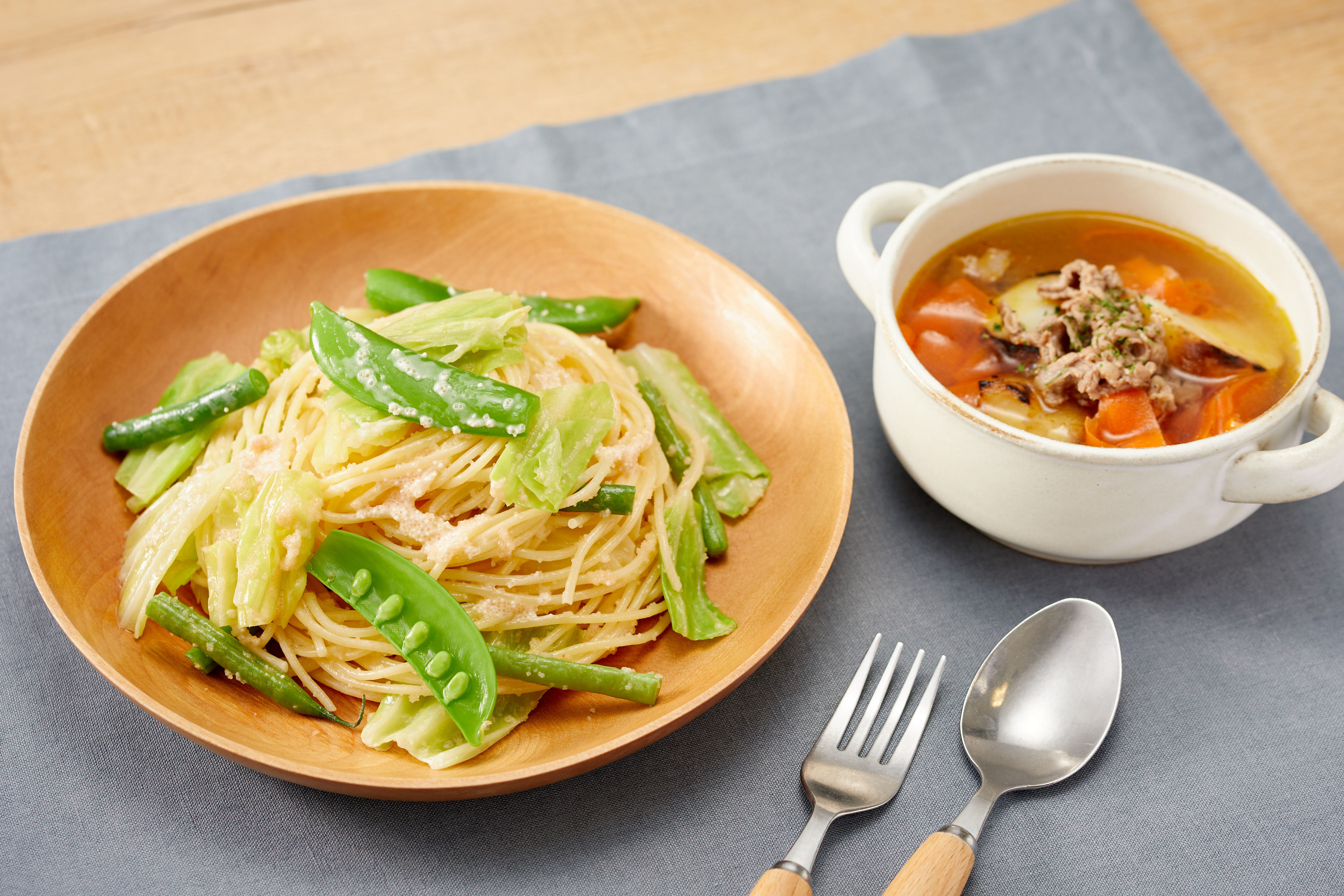 春の一汁一菜献立レシピ(1)】火曜日「グリーン野菜とタラコのパスタ 他」 | 東京ガス ウチコト